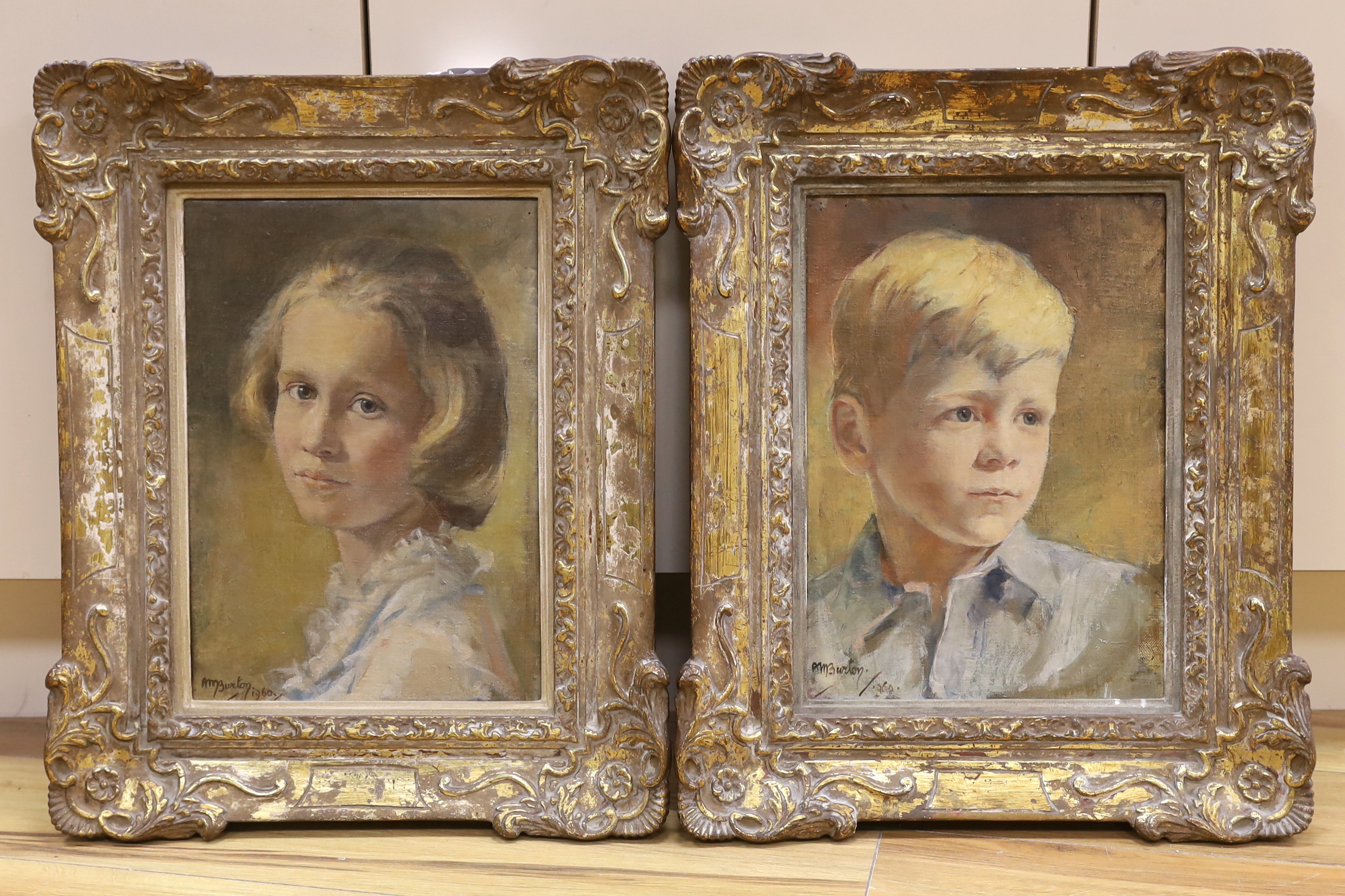 Alice M. Burton RBA (1892-1973), pair of oils on canvas, Portraits of a young boy and girl, each signed and dated 1960, together with a Royal Society of Portrait Painters booklet, 34 x 24cm